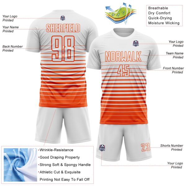 Custom White Orange Gradient Pinstripe Sublimation Soccer Uniform Jersey