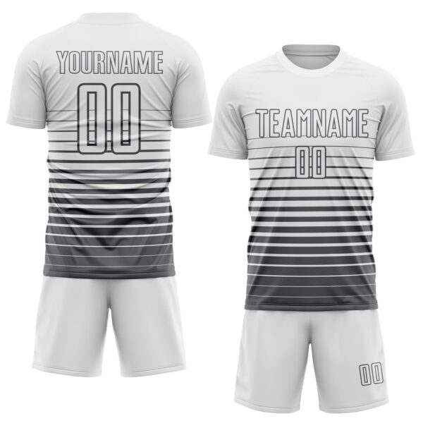 Custom White Steel Gray Gradient Pinstripe Sublimation Soccer Uniform Jersey