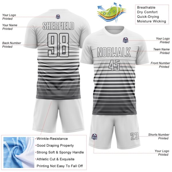 Custom White Steel Gray Gradient Pinstripe Sublimation Soccer Uniform Jersey