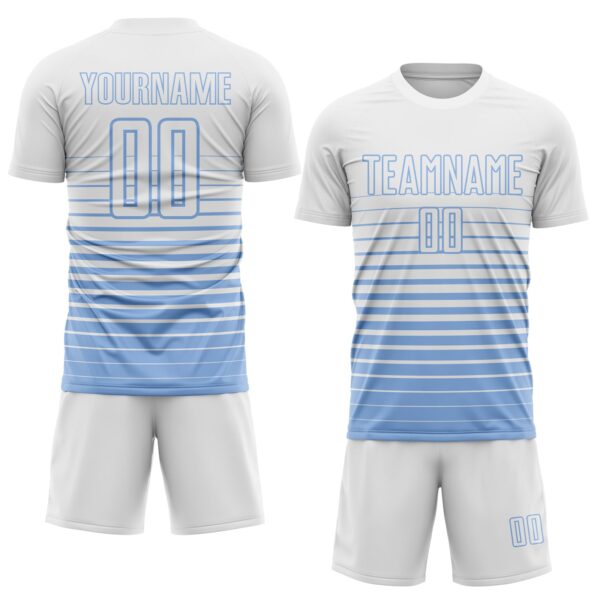 Custom White Light Blue Gradient Pinstripe Sublimation Soccer Uniform Jersey