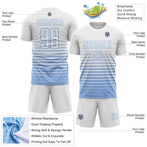 Custom White Light Blue Gradient Pinstripe Sublimation Soccer Uniform Jersey