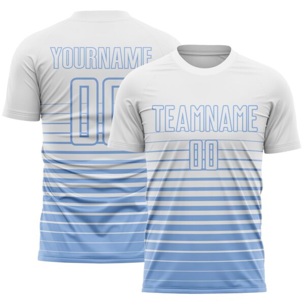Custom White Light Blue Gradient Pinstripe Sublimation Soccer Uniform Jersey