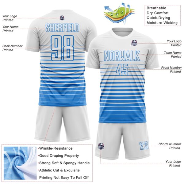 Custom White Powder Blue Gradient Pinstripe Sublimation Soccer Uniform Jersey