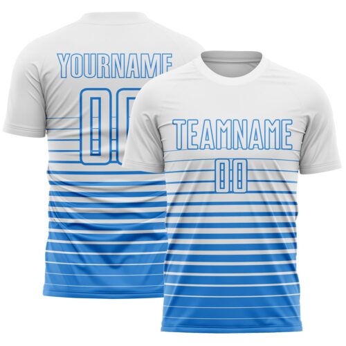 Custom White Powder Blue Gradient Pinstripe Sublimation Soccer Uniform Jersey