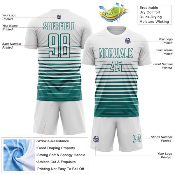 Custom White Teal Gradient Pinstripe Sublimation Soccer Uniform Jersey