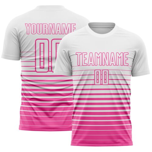 Custom White Pink Gradient Pinstripe Sublimation Soccer Uniform Jersey