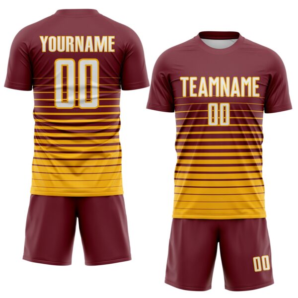 Custom Burgundy White-Gold Gradient Pinstripe Sublimation Soccer Uniform Jersey