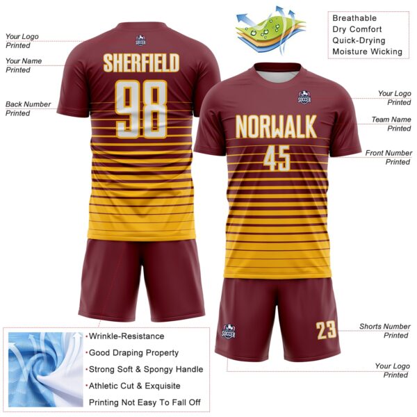 Custom Burgundy White-Gold Gradient Pinstripe Sublimation Soccer Uniform Jersey