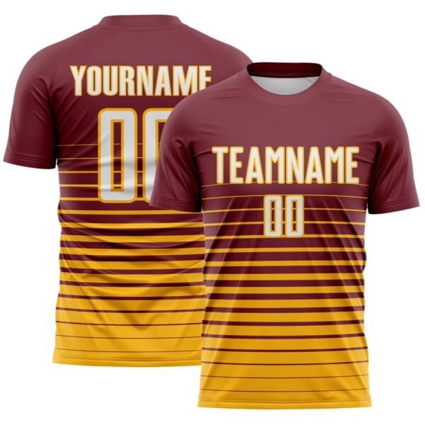 Custom Burgundy White-Gold Gradient Pinstripe Sublimation Soccer Uniform Jersey
