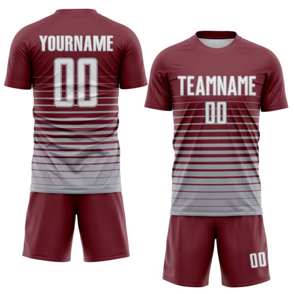 Custom Burgundy White-Gray Gradient Pinstripe Sublimation Soccer Uniform Jersey