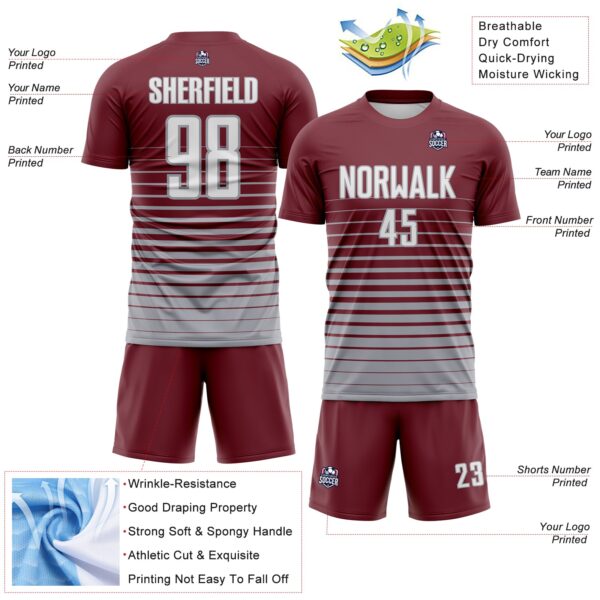 Custom Burgundy White-Gray Gradient Pinstripe Sublimation Soccer Uniform Jersey