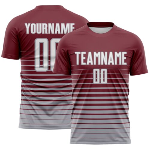 Custom Burgundy White-Gray Gradient Pinstripe Sublimation Soccer Uniform Jersey