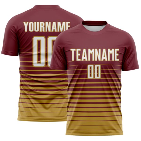 Custom Burgundy White-Old Gold Gradient Pinstripe Sublimation Soccer Uniform Jersey