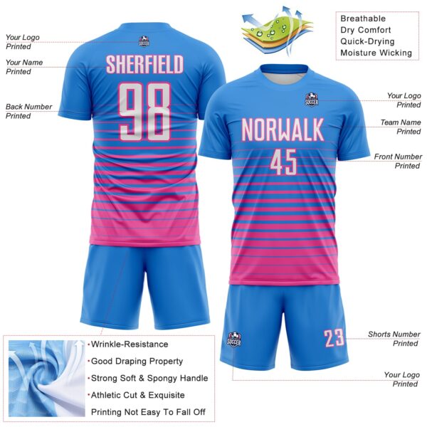 Custom Powder Blue White-Pink Gradient Pinstripe Sublimation Soccer Uniform Jersey