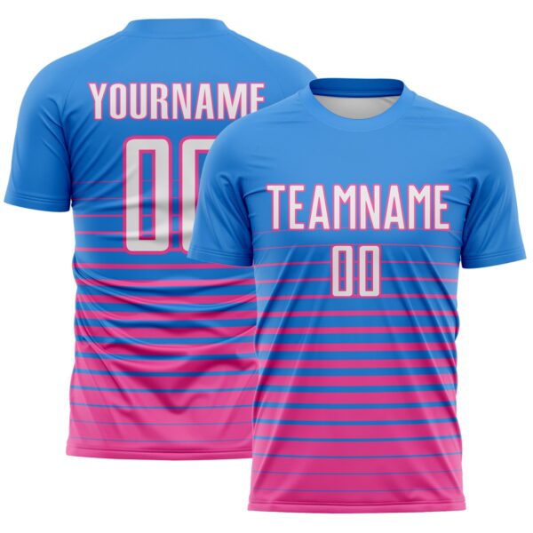 Custom Powder Blue White-Pink Gradient Pinstripe Sublimation Soccer Uniform Jersey