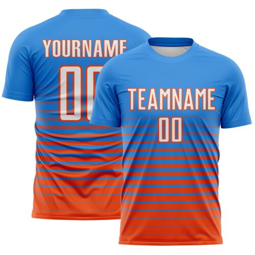 Soccer6741 Custom Powder Blue White-Orange Gradient Pinstripe Sublimation Soccer Uniform Jersey