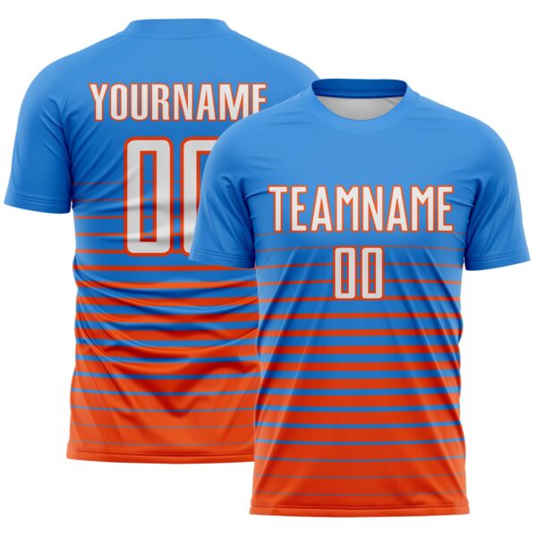 Custom Powder Blue White-Orange Gradient Pinstripe Sublimation Soccer Uniform Jersey