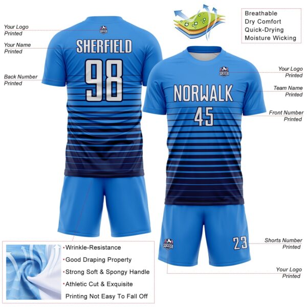 Custom Powder Blue White-Navy Gradient Pinstripe Sublimation Soccer Uniform Jersey