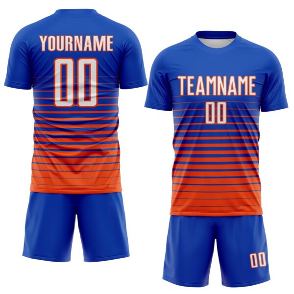 Custom Thunder Blue White-Orange Gradient Pinstripe Sublimation Soccer Uniform Jersey