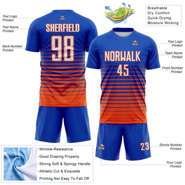 Custom Thunder Blue White-Orange Gradient Pinstripe Sublimation Soccer Uniform Jersey