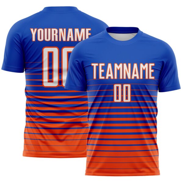 Custom Thunder Blue White-Orange Gradient Pinstripe Sublimation Soccer Uniform Jersey