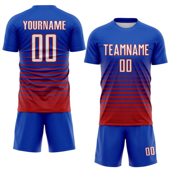 Custom Thunder Blue White-Red Gradient Pinstripe Sublimation Soccer Uniform Jersey