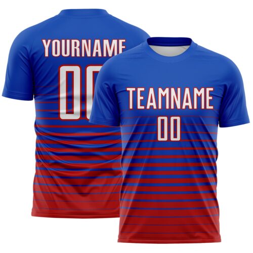Soccer6744 Custom Thunder Blue White-Red Gradient Pinstripe Sublimation Soccer Uniform Jersey
