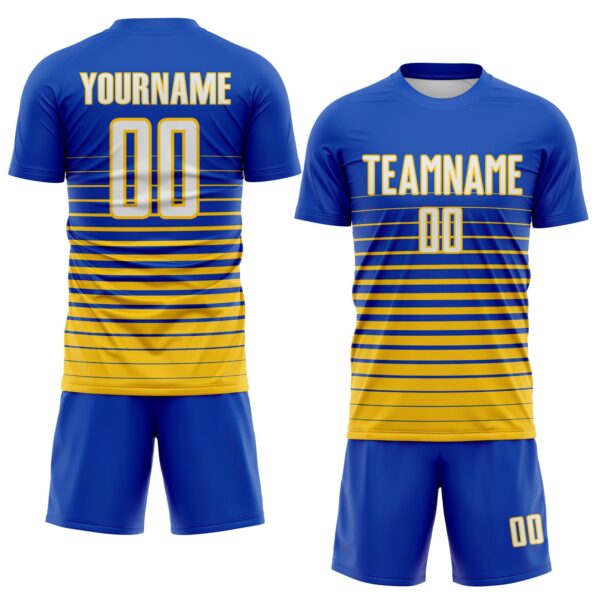 Custom Thunder Blue White-Yellow Gradient Pinstripe Sublimation Soccer Uniform Jersey