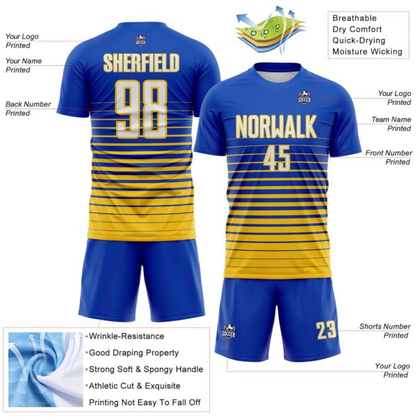 Custom Thunder Blue White-Yellow Gradient Pinstripe Sublimation Soccer Uniform Jersey
