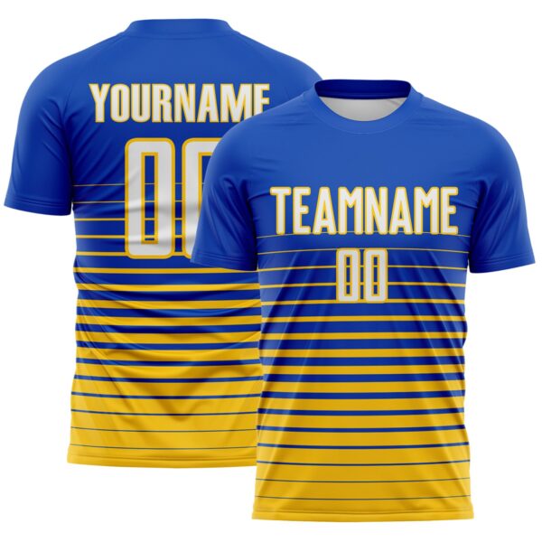 Custom Thunder Blue White-Yellow Gradient Pinstripe Sublimation Soccer Uniform Jersey