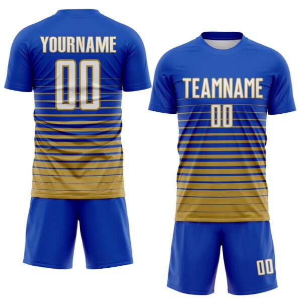 Custom Thunder Blue White-Old Gold Gradient Pinstripe Sublimation Soccer Uniform Jersey