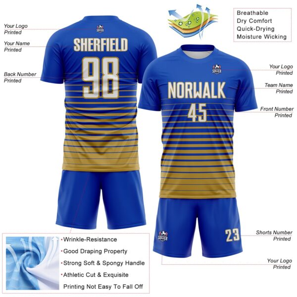 Custom Thunder Blue White-Old Gold Gradient Pinstripe Sublimation Soccer Uniform Jersey