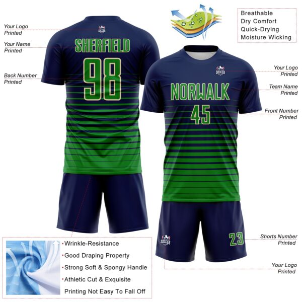 Custom Navy Grass Green-Cream Gradient Pinstripe Sublimation Soccer Uniform Jersey