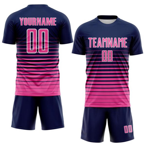 Custom Navy Pink-White Gradient Pinstripe Sublimation Soccer Uniform Jersey
