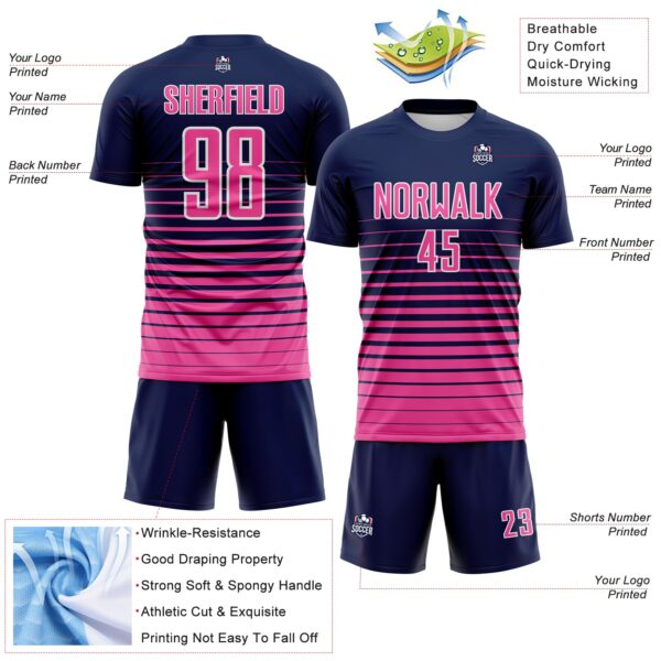 Custom Navy Pink-White Gradient Pinstripe Sublimation Soccer Uniform Jersey
