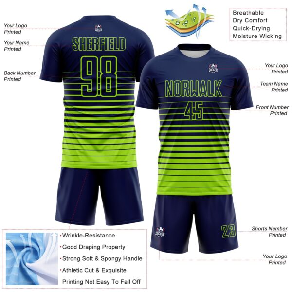 Custom Navy Neon Green Gradient Pinstripe Sublimation Soccer Uniform Jersey