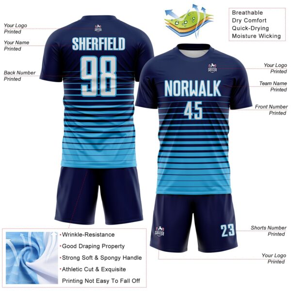 Custom Navy White-Sky Blue Gradient Pinstripe Sublimation Soccer Uniform Jersey
