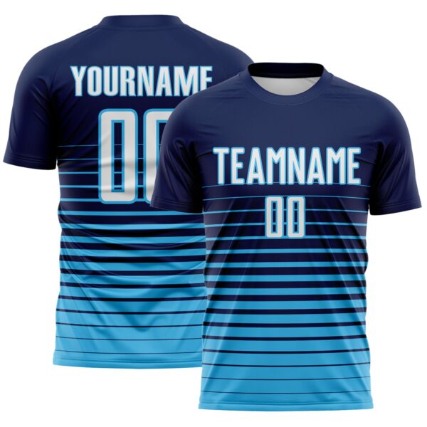 Custom Navy White-Sky Blue Gradient Pinstripe Sublimation Soccer Uniform Jersey