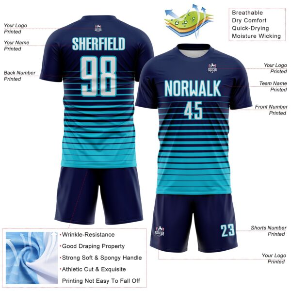 Custom Navy White-Lakes Blue Gradient Pinstripe Sublimation Soccer Uniform Jersey