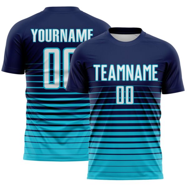 Custom Navy White-Lakes Blue Gradient Pinstripe Sublimation Soccer Uniform Jersey