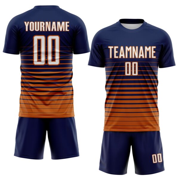Custom Navy White-Bay Orange Gradient Pinstripe Sublimation Soccer Uniform Jersey