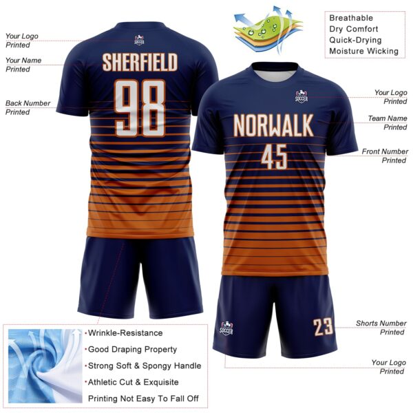 Custom Navy White-Bay Orange Gradient Pinstripe Sublimation Soccer Uniform Jersey