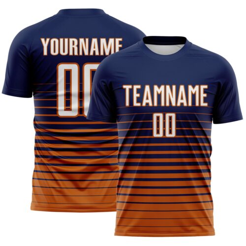 Custom Navy White-Bay Orange Gradient Pinstripe Sublimation Soccer Uniform Jersey