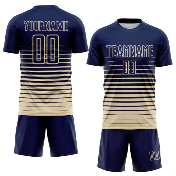 Custom Navy Cream Gradient Pinstripe Sublimation Soccer Uniform Jersey
