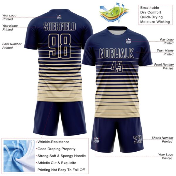 Custom Navy Cream Gradient Pinstripe Sublimation Soccer Uniform Jersey