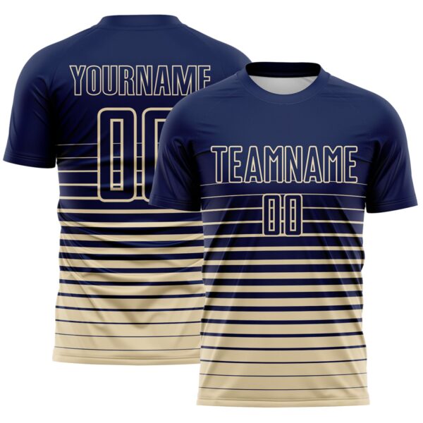 Custom Navy Cream Gradient Pinstripe Sublimation Soccer Uniform Jersey