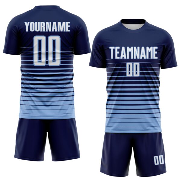 Custom Navy White-Light Blue Gradient Pinstripe Sublimation Soccer Uniform Jersey