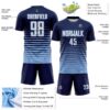 Custom Navy White-Light Blue Gradient Pinstripe Sublimation Soccer Uniform Jersey