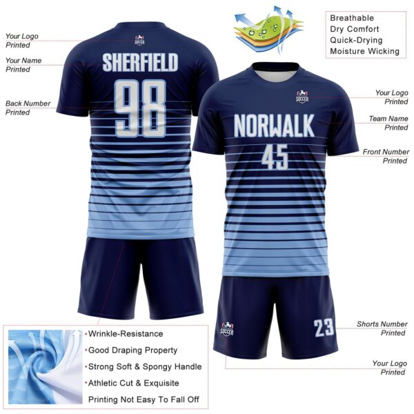 Custom Navy White-Light Blue Gradient Pinstripe Sublimation Soccer Uniform Jersey