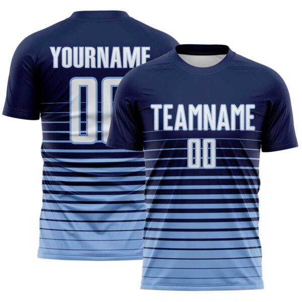 Custom Navy White-Light Blue Gradient Pinstripe Sublimation Soccer Uniform Jersey
